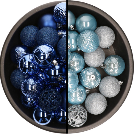 Kunststof kerstballen 74x stuks kobalt blauw en lichtblauw 6 cm
