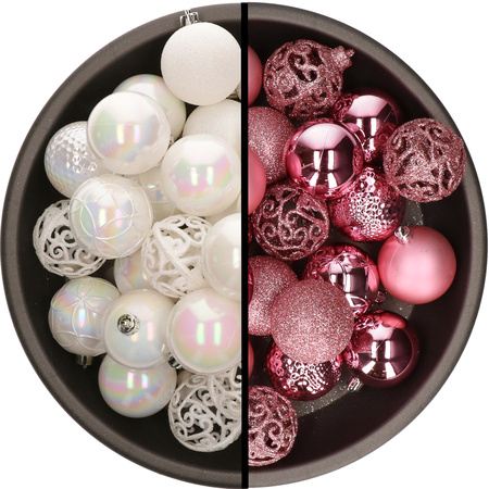 Kunststof kerstballen 74x stuks parelmoer wit en roze 6 cm