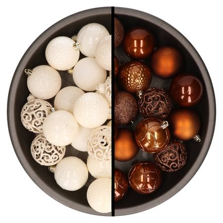 Kerstballen - 74x stuks - wol wit en bruin - 6 cm - kunststof