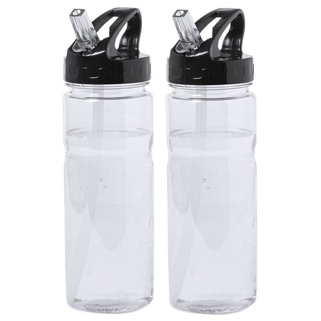 Kunststof waterfles/drinkfles/sportfles - 2x - transparant - met drinktuit - 650 ml