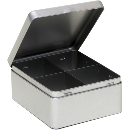Silver colored 4 compartments tea box/storage tin 15 cm