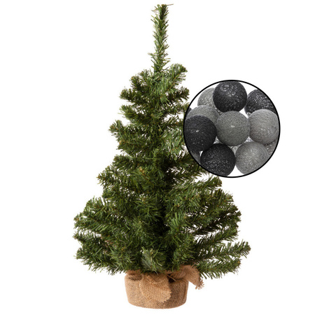 Mini kerstboom groen met verlichting - in jute zak - H60 cm - zwart/grijs