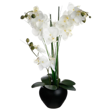Atmosphera Orchidee bloemen kunstplant in zwarte bloempot - witte bloemen - H53 cm