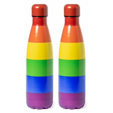 RVS waterfles/drinkfles - 2x - regenboog kleuren - met schroefdop - 790 ml