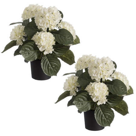 Set of 2x pieces white hortensia Hydrangea artificial plants in black plastic pot 44 cm