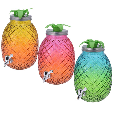 Set van 3x stuks glazen drank dispensers ananas blauw/groen, geel/oranje en roze/oranje 4,7 liter