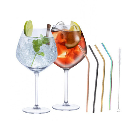 Set of 4x Gin Tonic cocktail glasses with 4x multi colored straws of stainless steel 