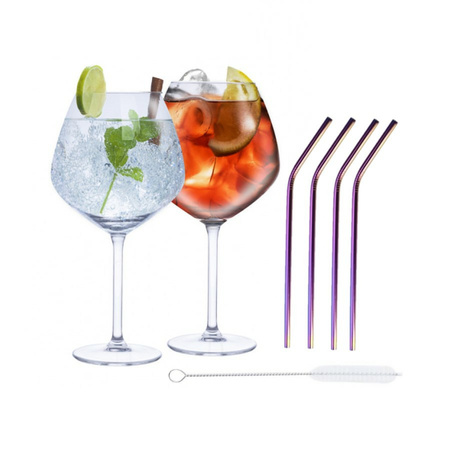 Set van 4x Gin Tonic cocktailglazen met 4x paarse rietjes RVS