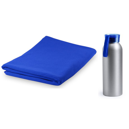Yoga wellness microvezel handdoek en waterfles blauw